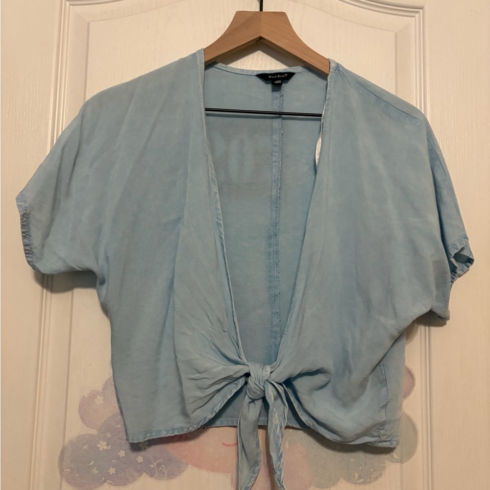 Sim & Sam size XS made in India distressed blue tie front shirt, Rayon